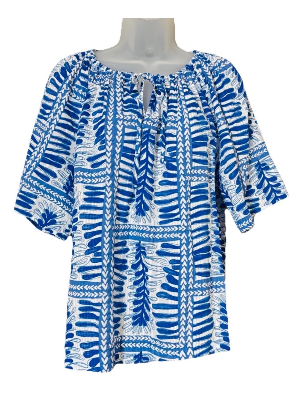 LOFT Women’s Fern Stripe Tasseled Blouse Blue White Size L 100% Cotton Coastal